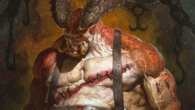 Ein Bild zeigt eine Nahaufnahme von Diablos großem Butcher-Dämon. 